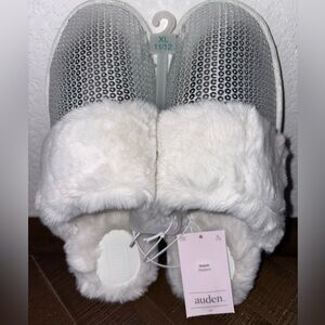 Silver Sequin Slippers with White Faux Fur